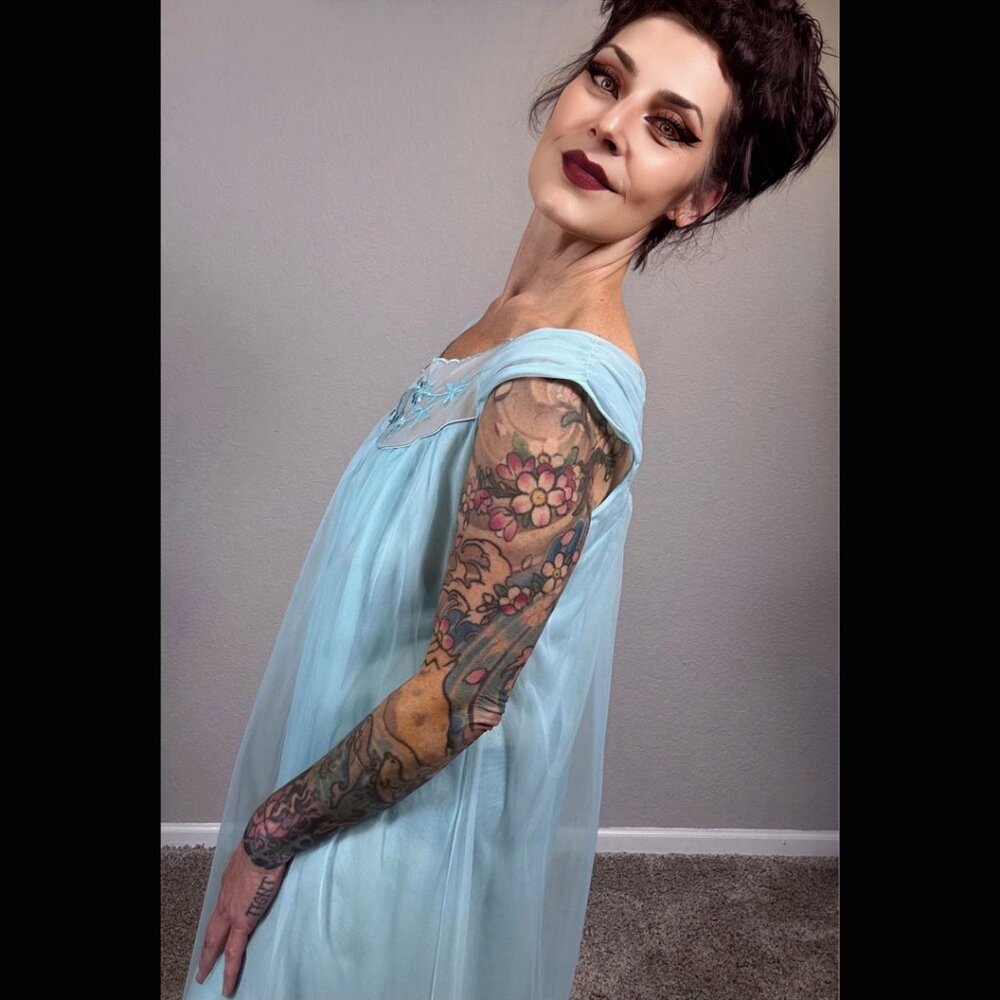 60s Bright Blue Babydoll Double Layer Lingerie Embroidered Floral Mod Pinup M L - Picture 8 of 15